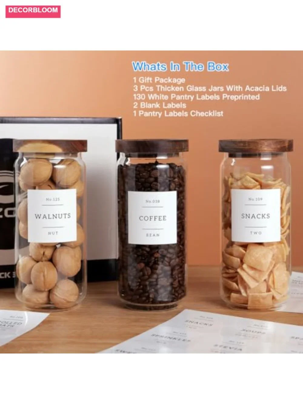 Set of 3 Glass Pantry Jars with Acacia Airtight Lids & 132 Labels